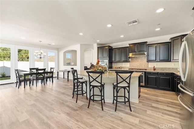 kitchen featuring a center island with sink, stainless steel appliances, a kitchen breakfast bar, a chandelier, and pendant lighting