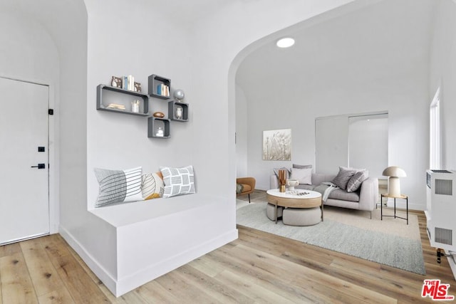 living room featuring a towering ceiling and light wood-type flooring