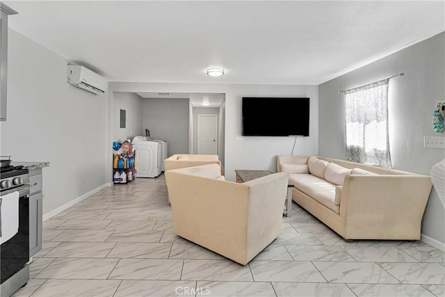 living room with washer and clothes dryer and an AC wall unit