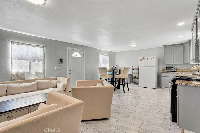 living room with a textured ceiling