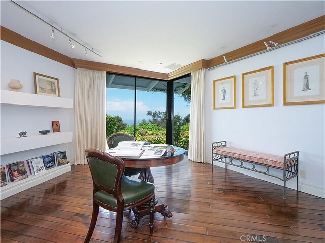 dining area with floor to ceiling windows, built in shelves, dark hardwood / wood-style floors, and track lighting