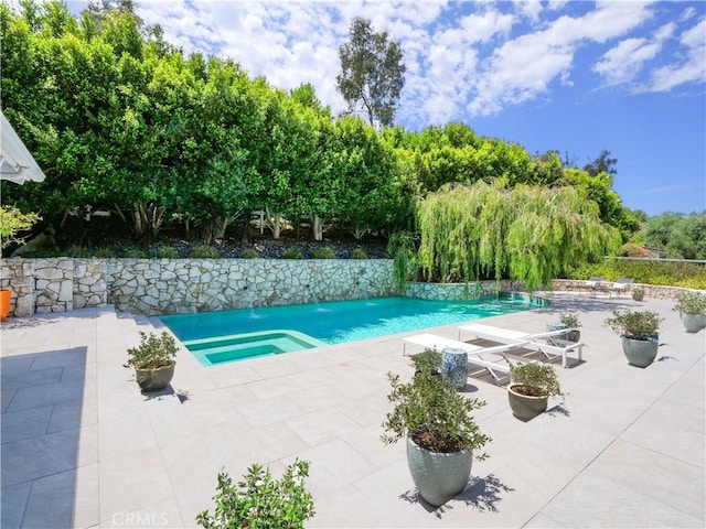 view of swimming pool featuring a patio area and an in ground hot tub