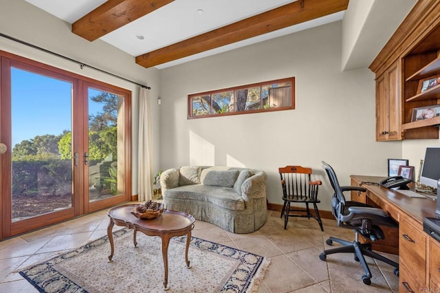 office with beamed ceiling and french doors