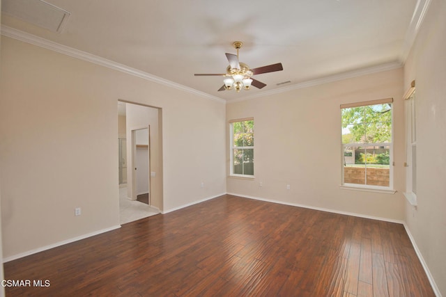 unfurnished room featuring wood-type flooring, ceiling fan, and crown molding