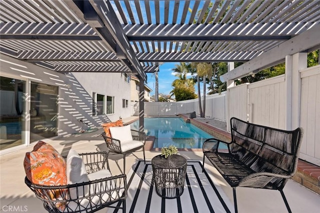 view of swimming pool with an outdoor living space, a pergola, and a patio