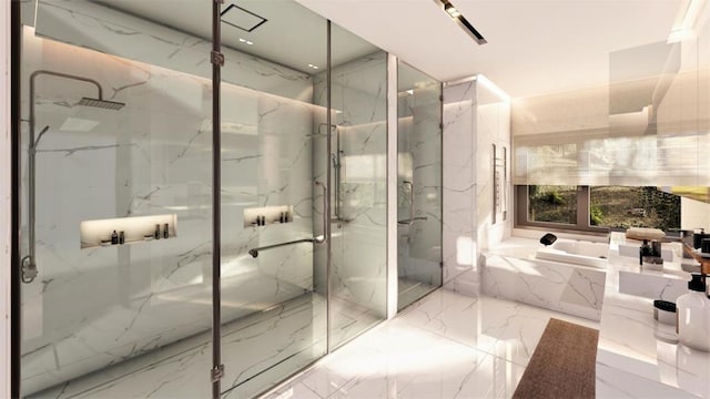 bathroom featuring tile floors and shower with separate bathtub