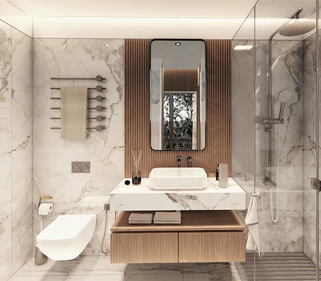 bathroom featuring tile flooring, tiled shower, vanity, and tile walls