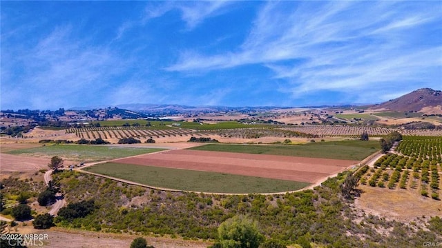 birds eye view of property featuring a mountain view and a rural view