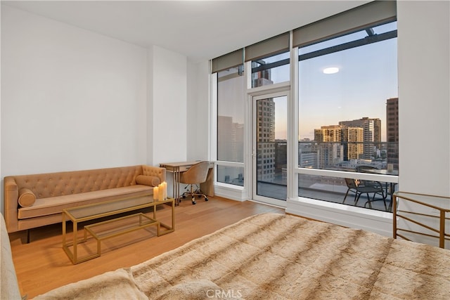 living room featuring wood-type flooring and expansive windows