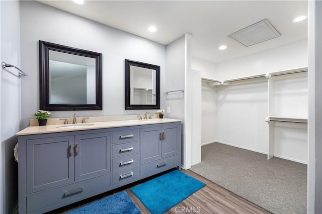 bathroom with hardwood / wood-style flooring and vanity