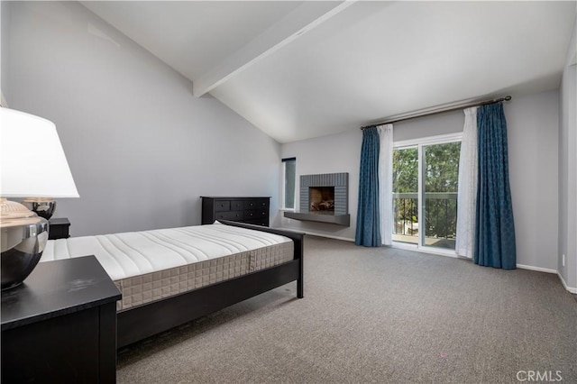 bedroom with carpet flooring and vaulted ceiling with beams