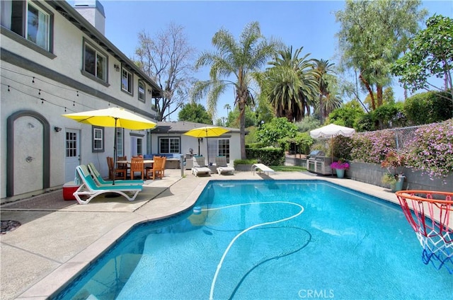 view of pool featuring a patio and a diving board