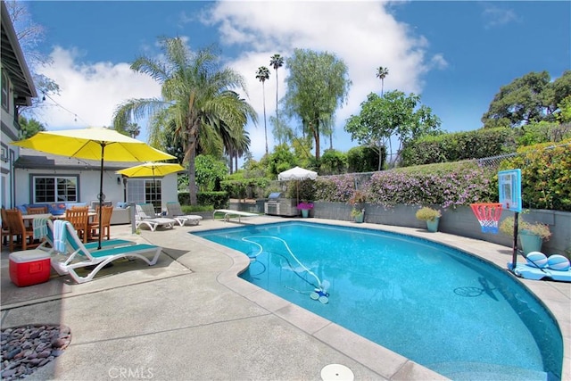 view of pool featuring a patio and a diving board