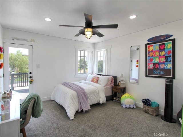 bedroom with carpet floors, access to outside, and ceiling fan