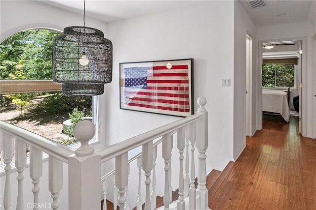 hallway with a healthy amount of sunlight, dark hardwood / wood-style flooring, and a chandelier