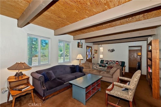 living room with beam ceiling and wood ceiling