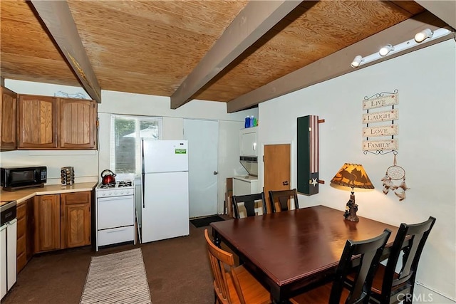 kitchen featuring wood ceiling, beam ceiling, and white appliances