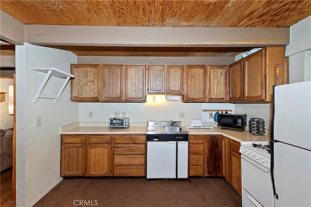 kitchen with wood ceiling and white appliances