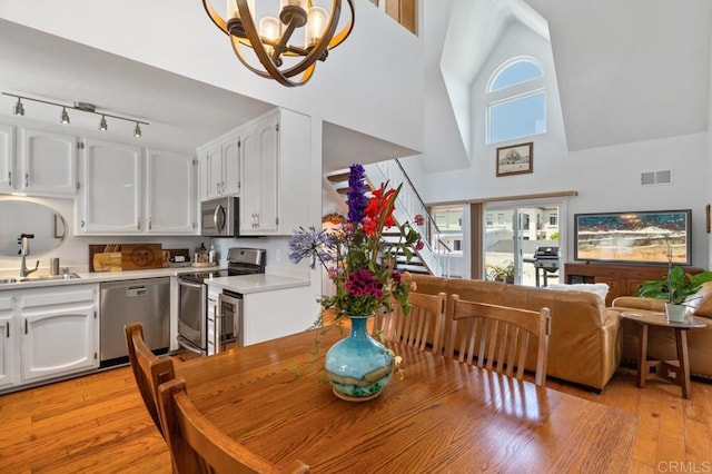 dining space with track lighting, sink, a high ceiling, and light hardwood / wood-style floors