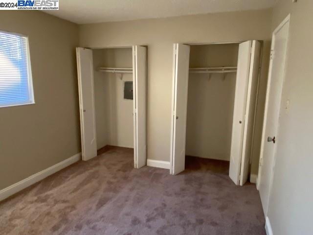 unfurnished bedroom with two closets and carpet