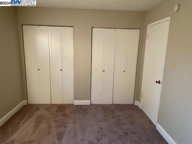 unfurnished bedroom with two closets and carpet floors