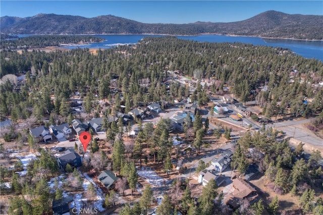 bird's eye view featuring a water and mountain view