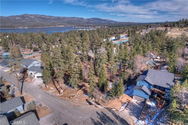 birds eye view of property with a water and mountain view