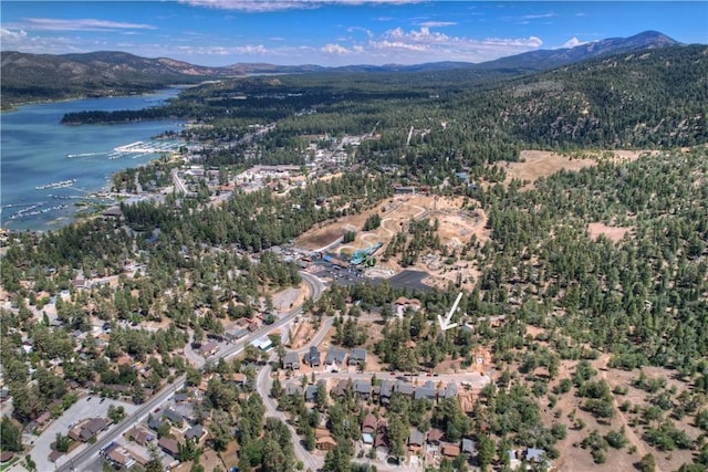 birds eye view of property with a water and mountain view