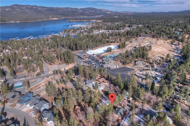 birds eye view of property featuring a water and mountain view