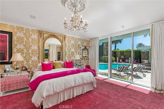 bedroom with carpet flooring, access to outside, a notable chandelier, and a wall of windows