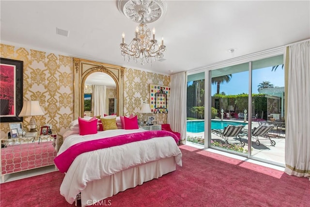 bedroom featuring visible vents, wallpapered walls, carpet floors, a notable chandelier, and access to outside