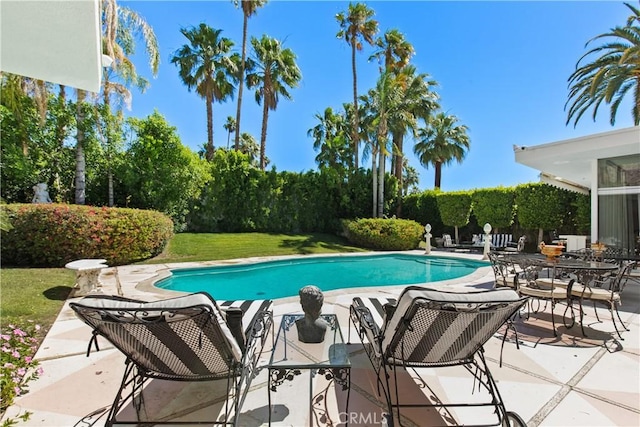 pool with a yard and a patio area