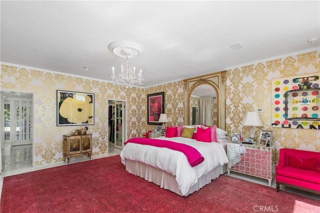 bedroom featuring wallpapered walls, an inviting chandelier, carpet flooring, and arched walkways