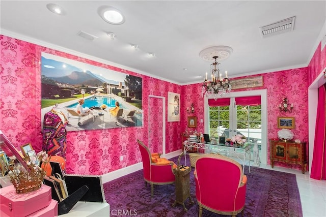 dining room with visible vents, french doors, wallpapered walls, baseboards, and a chandelier