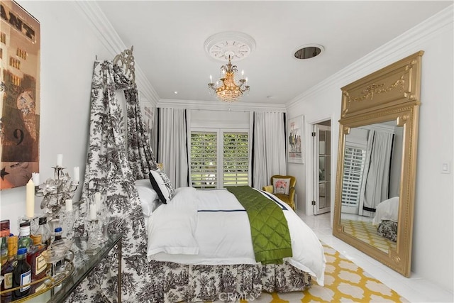 bedroom with a notable chandelier, crown molding, and access to outside