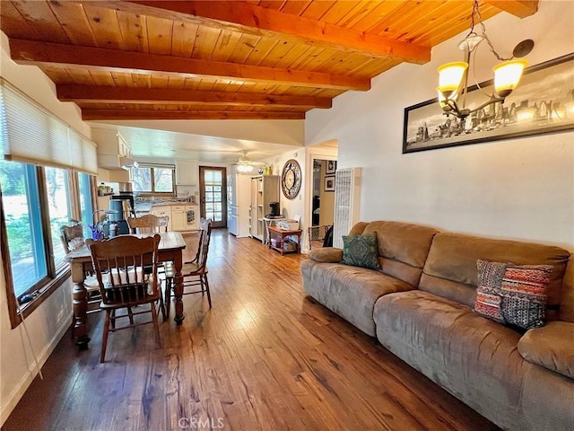 living room with wood-type flooring, ceiling fan with notable chandelier, lofted ceiling with beams, and wood ceiling