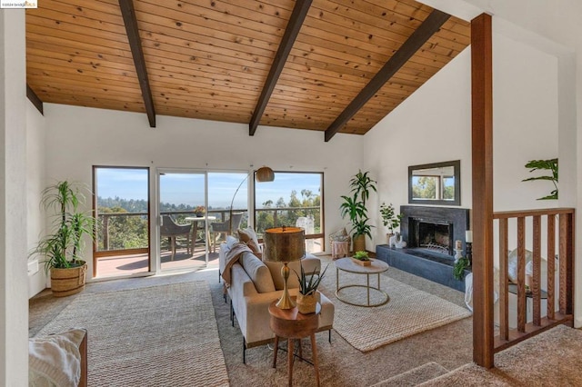 carpeted living room with beam ceiling, high vaulted ceiling, and wooden ceiling