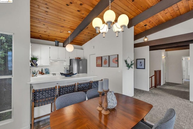 dining space with carpet, high vaulted ceiling, beam ceiling, wood ceiling, and a chandelier