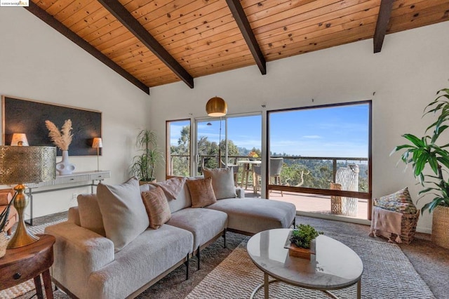 living room featuring beam ceiling, carpet flooring, high vaulted ceiling, and wood ceiling