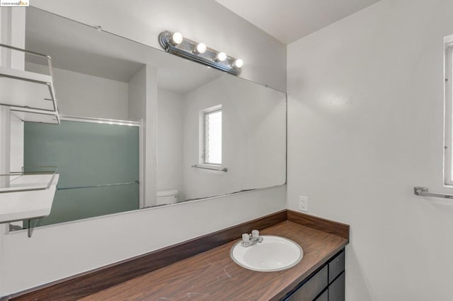 bathroom with vanity, toilet, and a shower with shower door