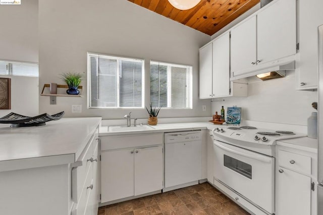 kitchen with white cabinets, white appliances, a healthy amount of sunlight, and sink