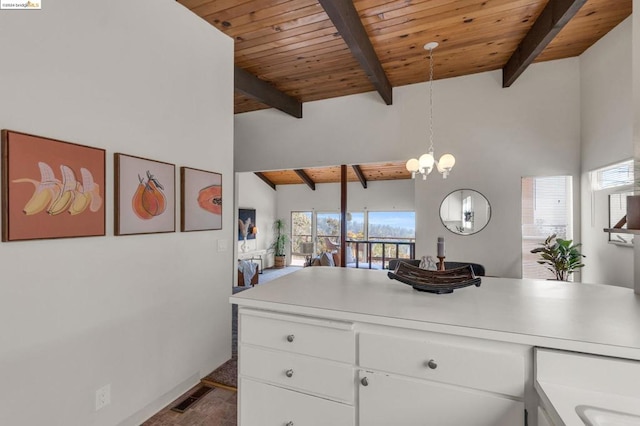 kitchen featuring beam ceiling, high vaulted ceiling, decorative light fixtures, white cabinets, and wood ceiling