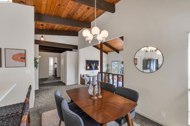 carpeted dining room with beam ceiling, high vaulted ceiling, wood ceiling, and a notable chandelier