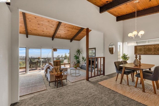 dining space featuring beam ceiling, wooden ceiling, high vaulted ceiling, a notable chandelier, and carpet