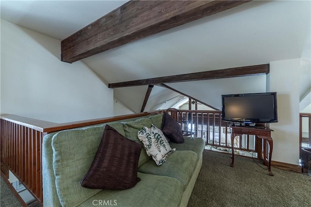 living room featuring carpet floors and lofted ceiling with beams