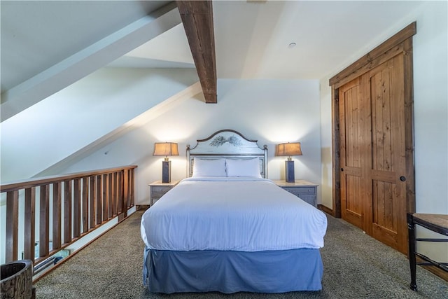 bedroom featuring dark colored carpet and vaulted ceiling with beams