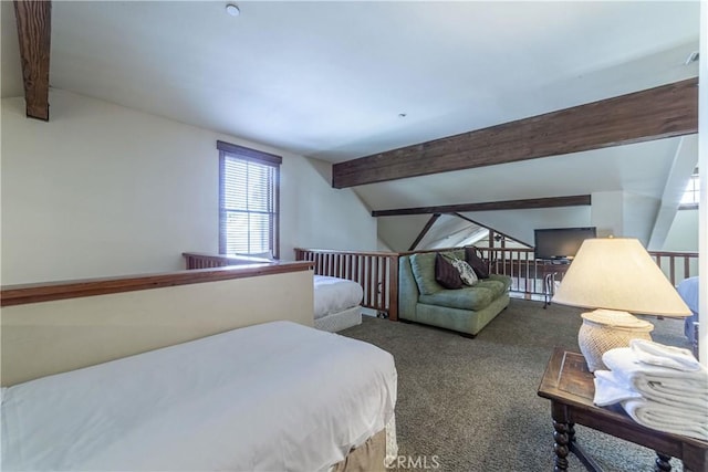 bedroom featuring dark colored carpet and lofted ceiling with beams