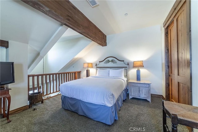 carpeted bedroom with vaulted ceiling with beams