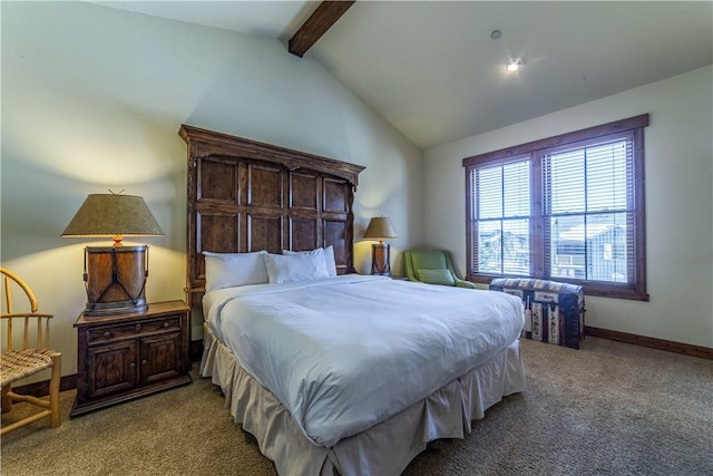 bedroom with lofted ceiling with beams and light carpet