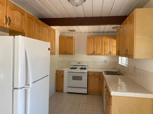 kitchen with white appliances, beam ceiling, wooden ceiling, and sink